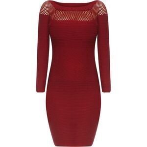 Wine Red Long Sleeve Netted Neckline Dress